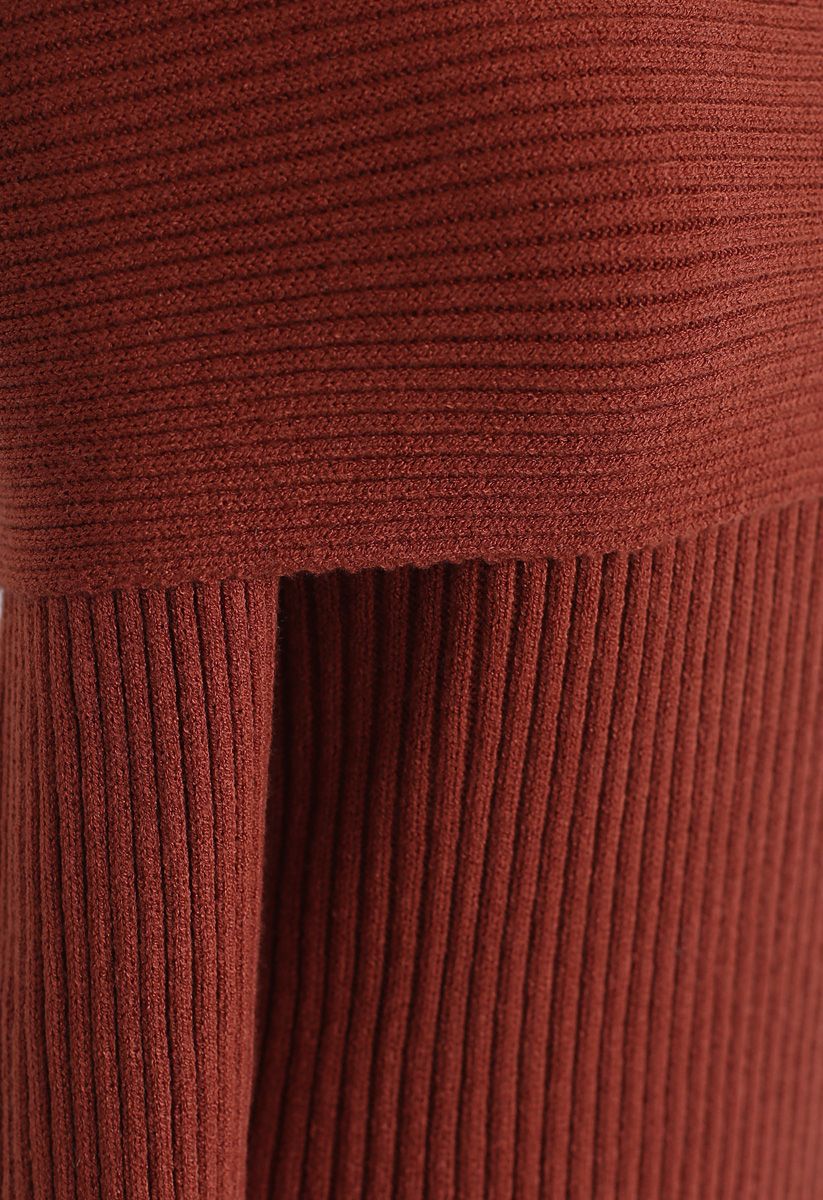 Off-Shoulder Ribbed Knit Sweater in Rust Red