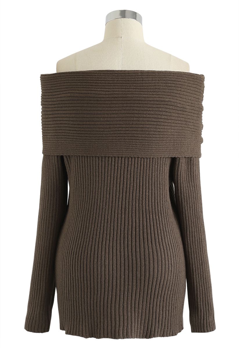 Off-Shoulder Ribbed Knit Sweater in Brown
