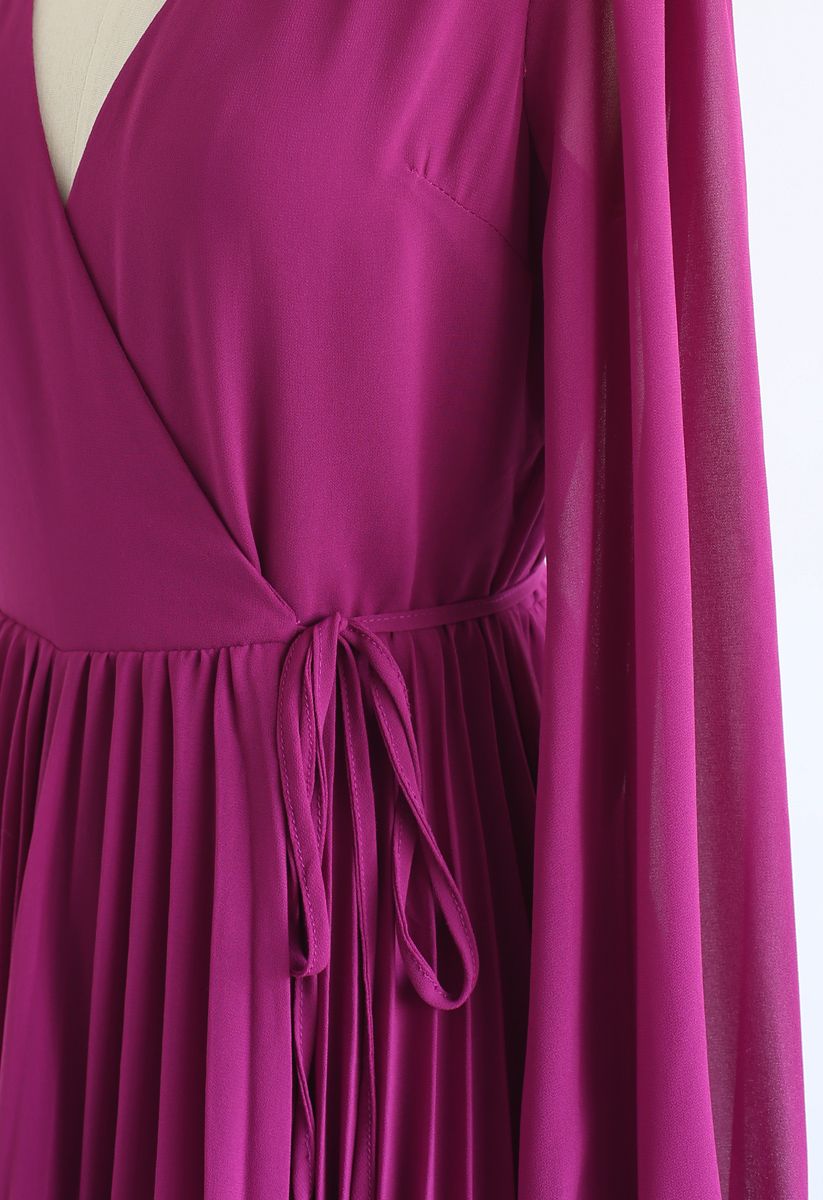 Magenta V-Neck Wrap Pleated Chiffon Dress