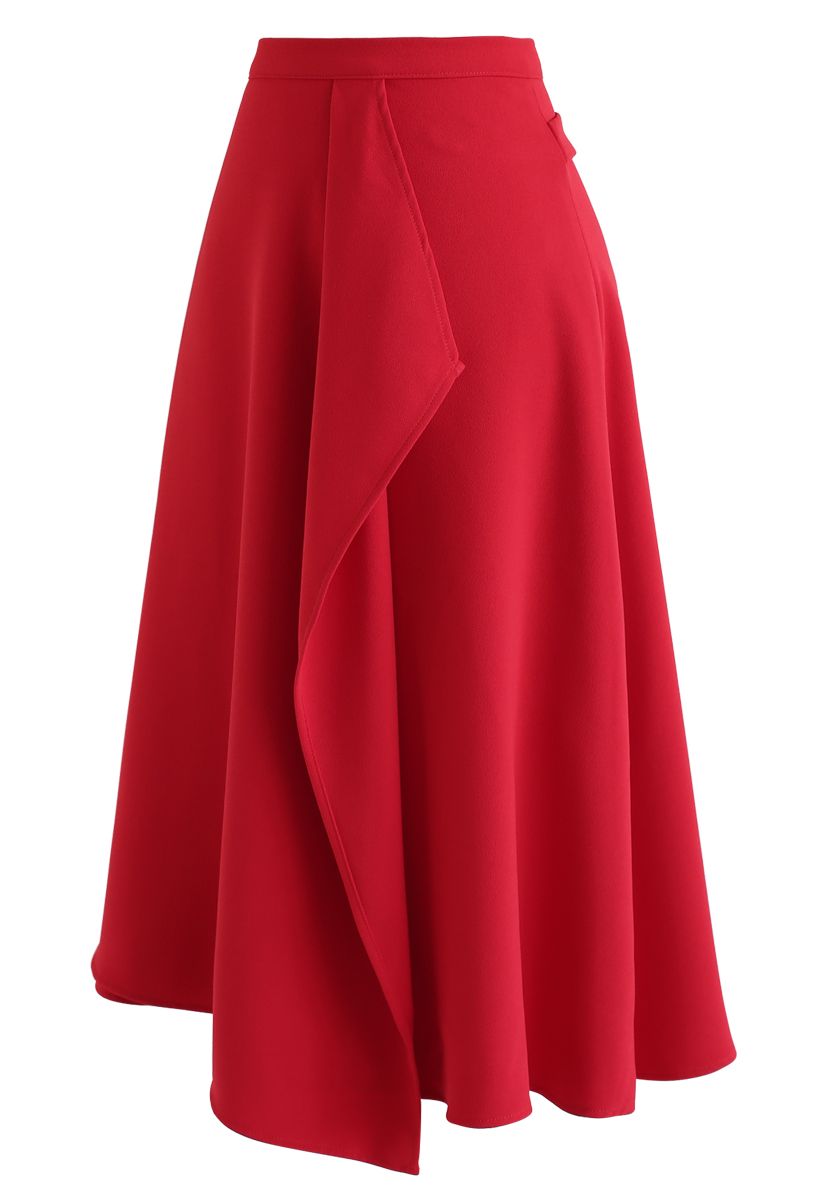 Asymmetric Flap Trim A-Line Midi Skirt in Red