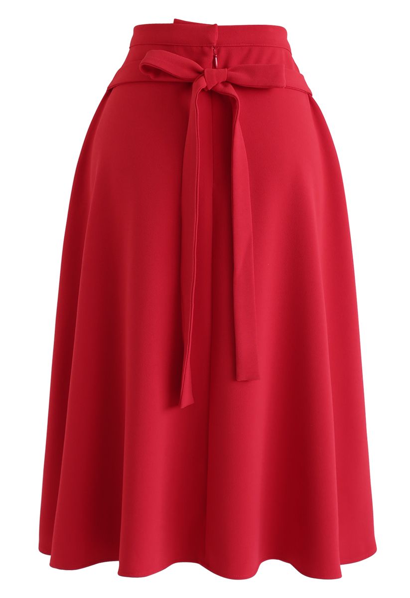 Asymmetric Flap Trim A-Line Midi Skirt in Red