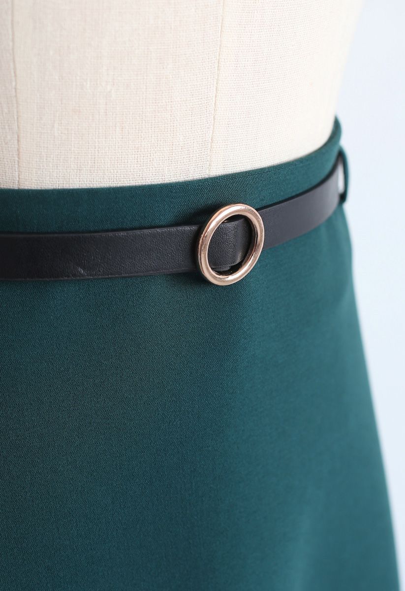 Belted A-Line Midi Skirt in Green
