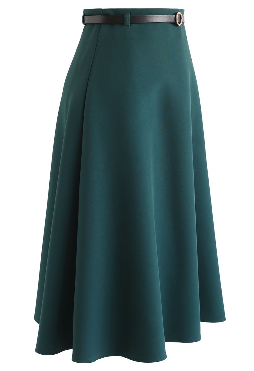 Belted A-Line Midi Skirt in Green - Retro, Indie and Unique Fashion