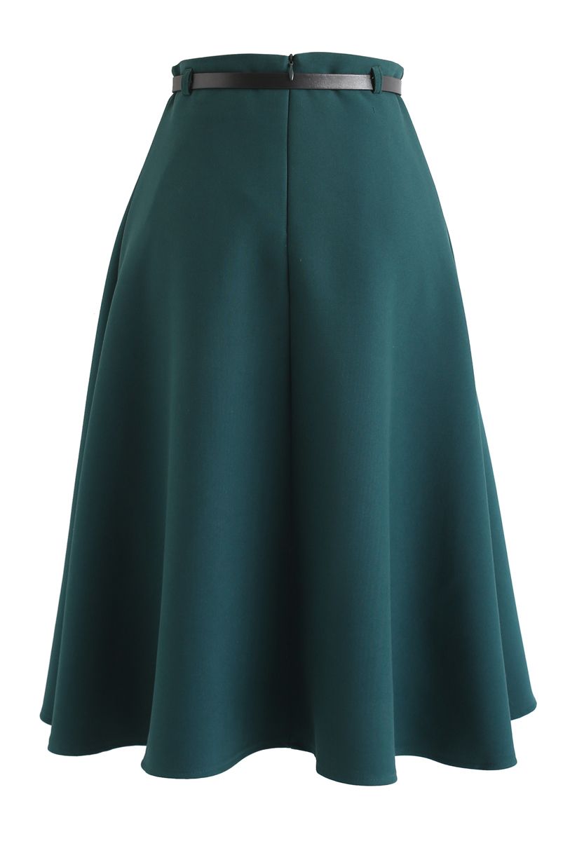 Belted A-Line Midi Skirt in Green