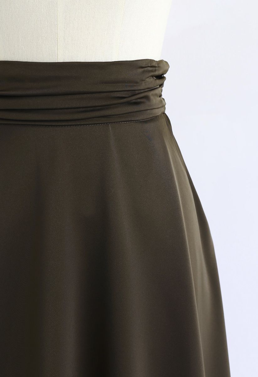 High-Waisted Satin Flare Midi Skirt in Army Green - Retro, Indie and ...