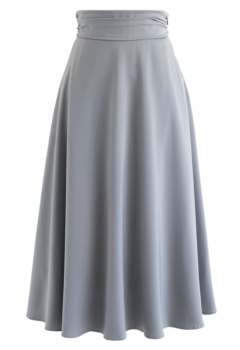 High-Waisted Satin Flare Midi Skirt in Dusty Blue