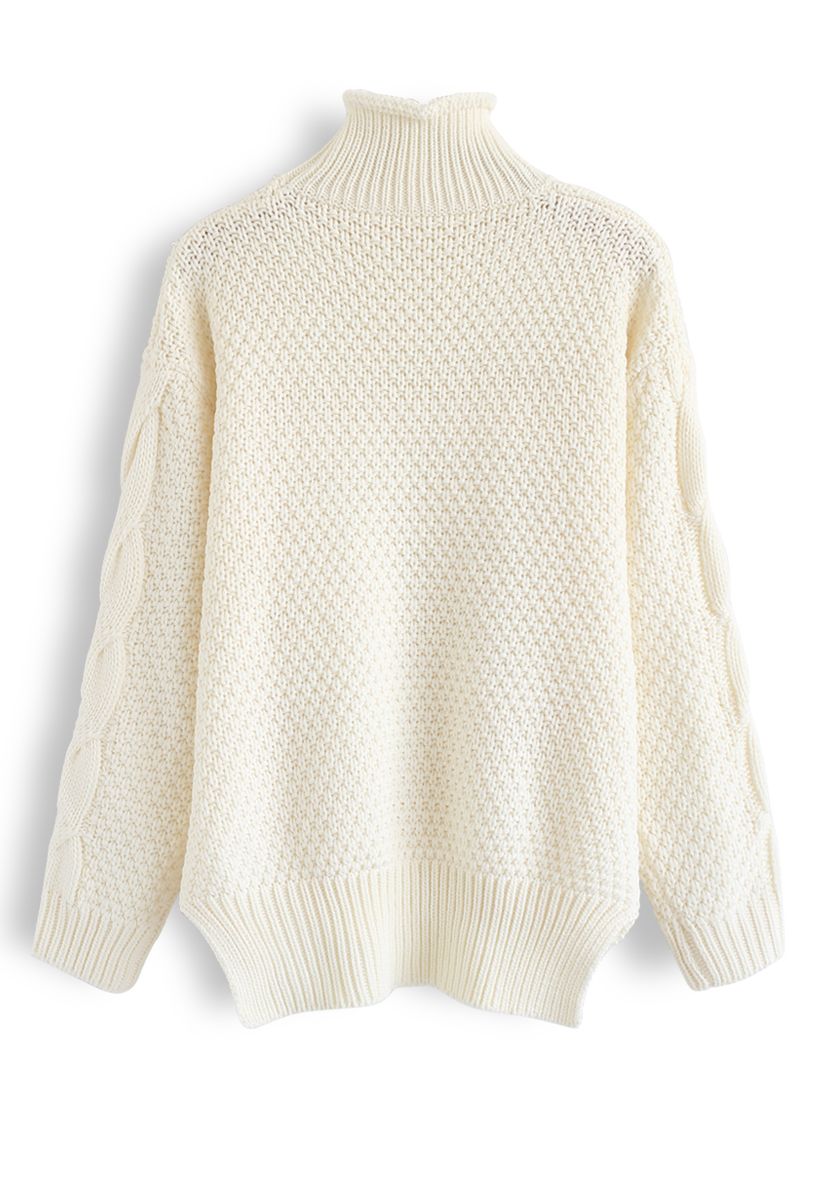 Cable Trimmed Turtleneck Sweater in Ivory - Retro, Indie and Unique Fashion
