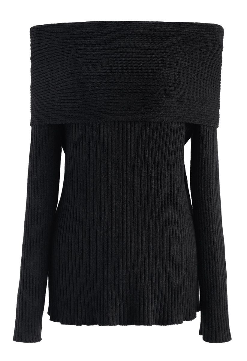 Off-Shoulder Ribbed Knit Sweater in Black - Retro, Indie and Unique Fashion