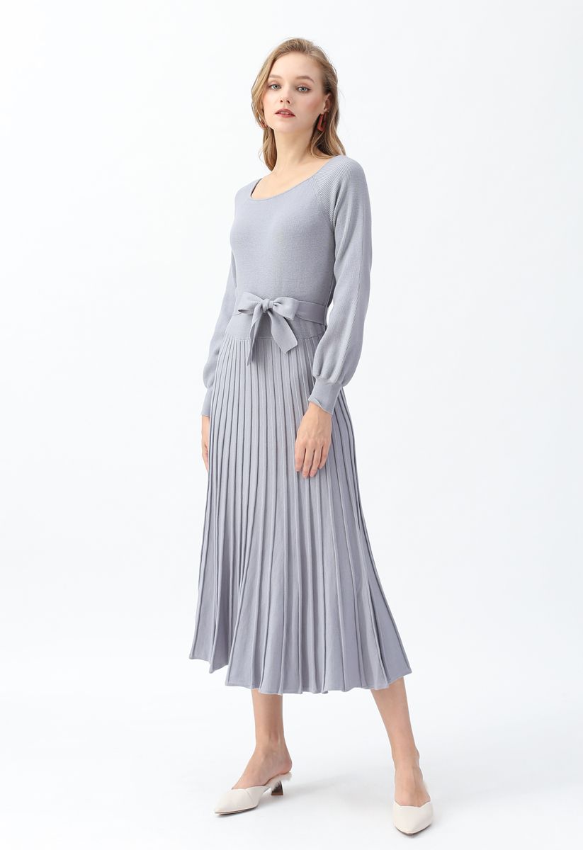 Square Neck Bowknot Pleated Knit Dress in Dusty Blue - Retro, Indie and ...