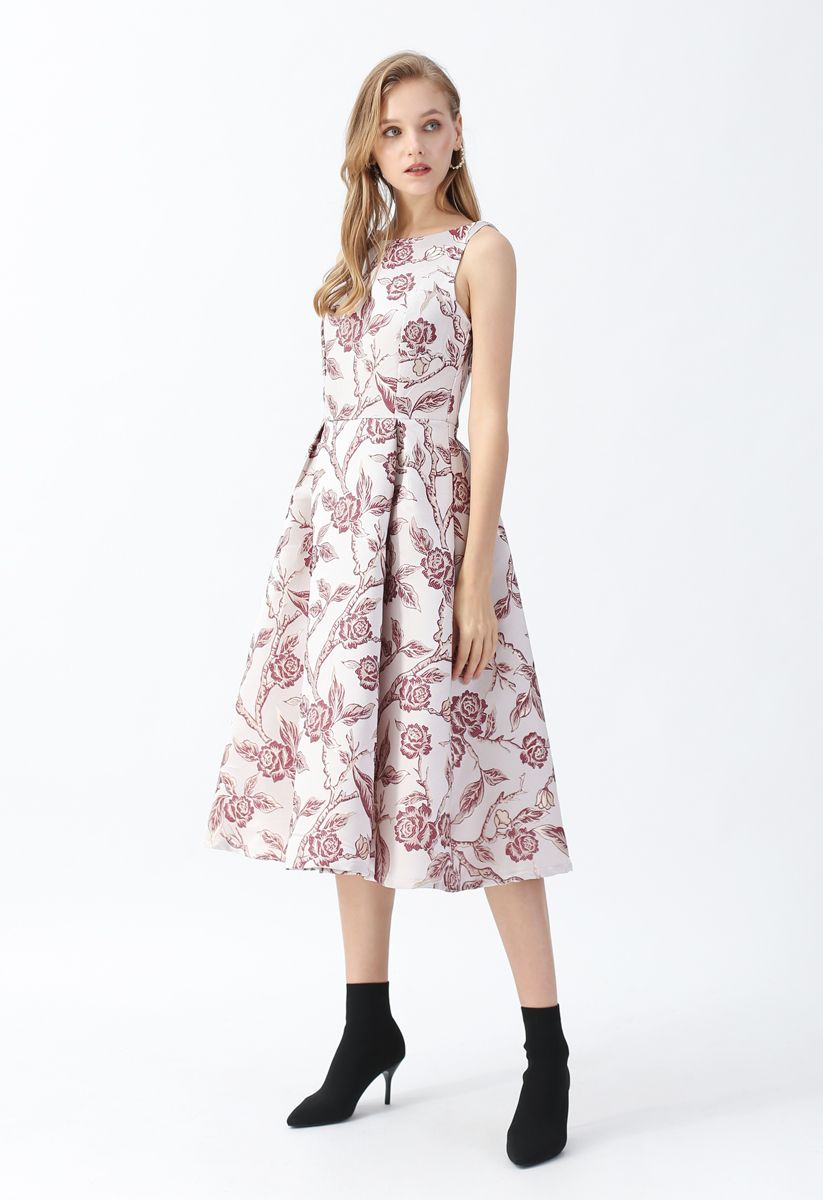 Rose Jacquard Sleeveless Midi Dress - Retro, Indie and Unique Fashion