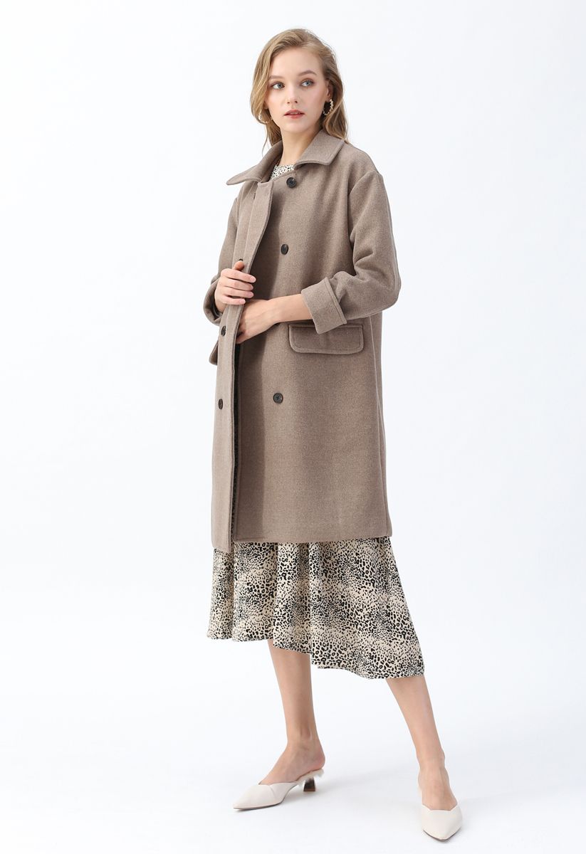 Flap Pockets Double-Breasted Wool-Blend Coat in Brown - Retro, Indie ...