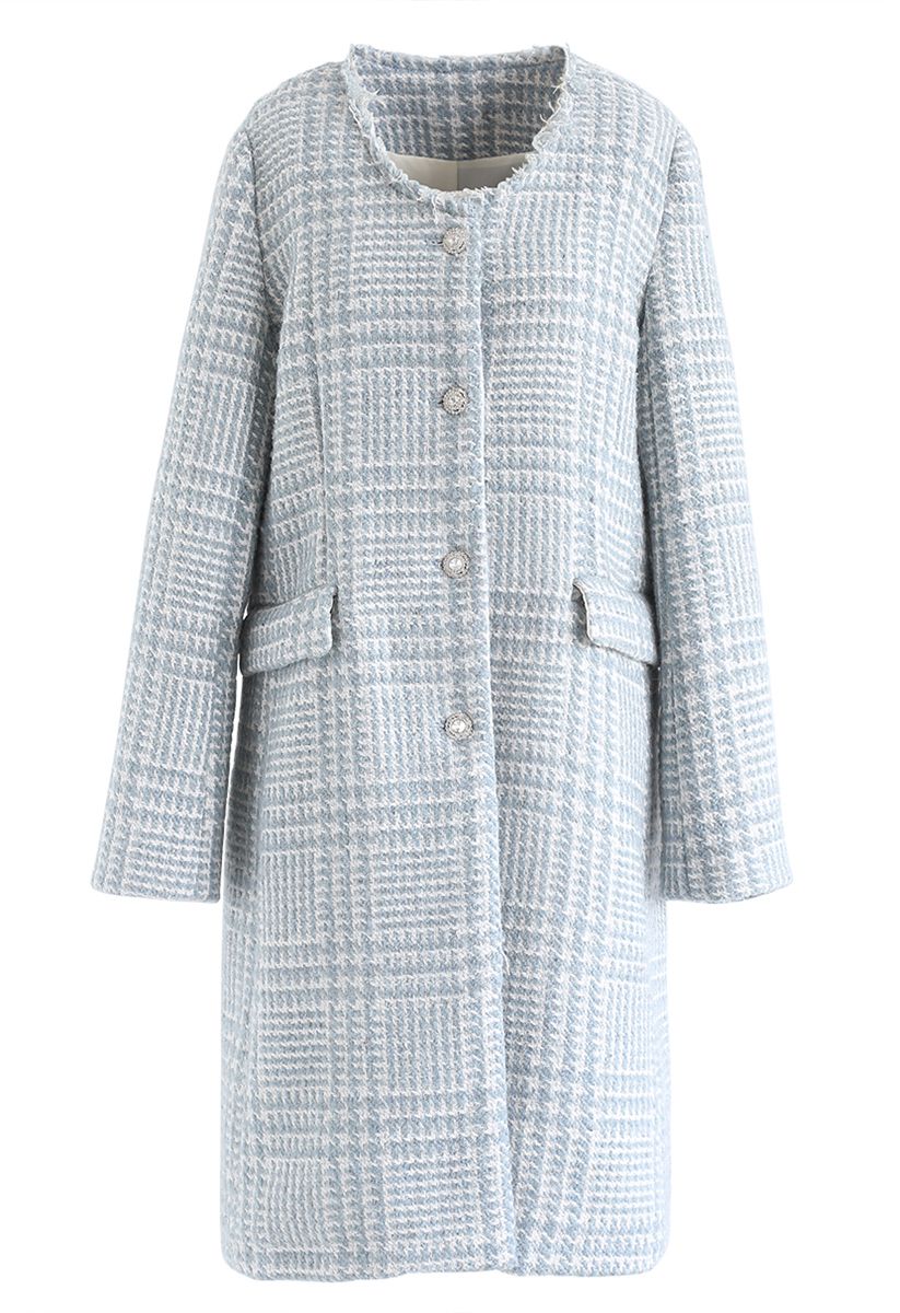 Houndstooth Collarless Wool-Blend Coat in Blue - Retro, Indie and ...