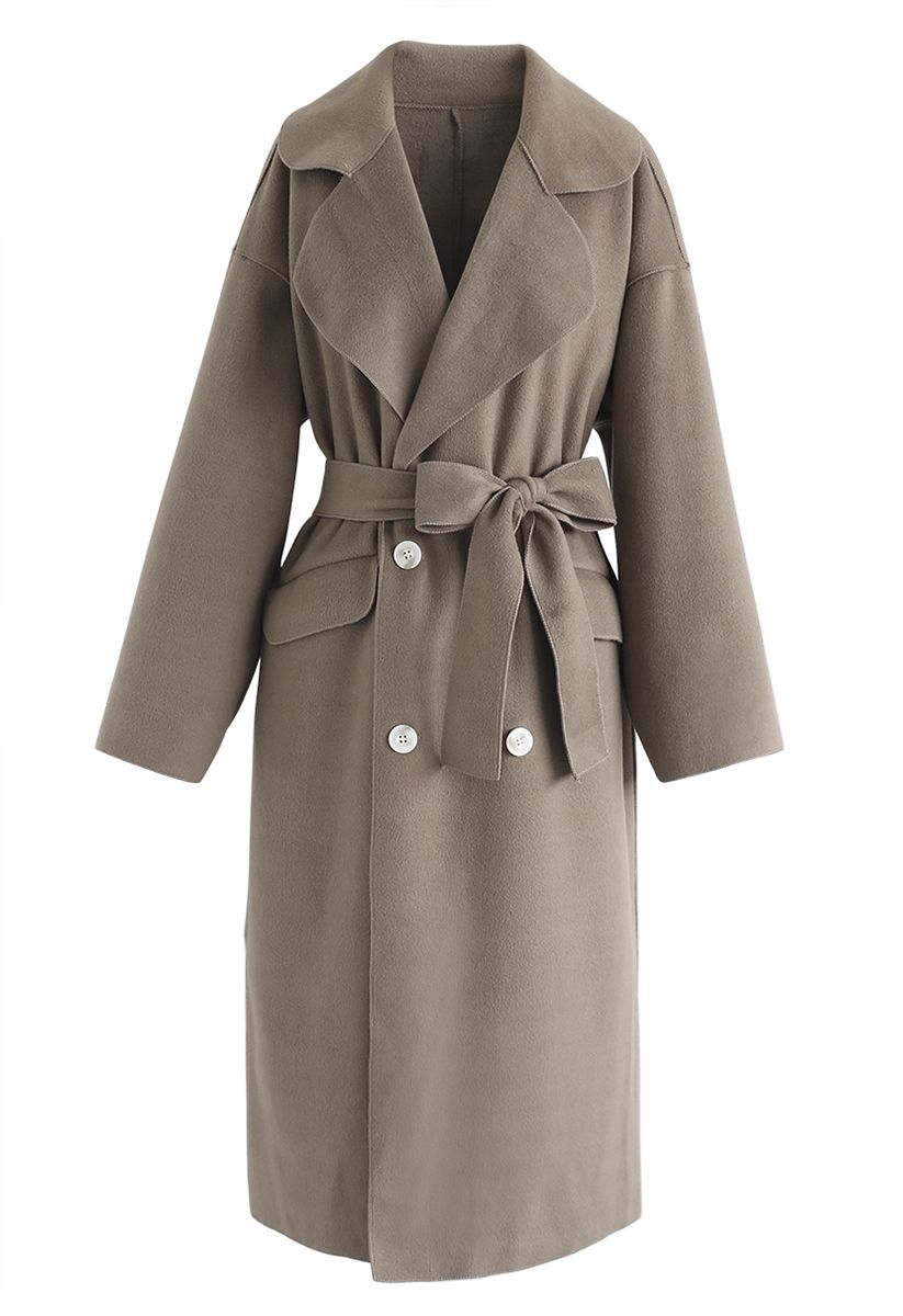Double-Breasted Wool-Blend Belted Coat in Brown