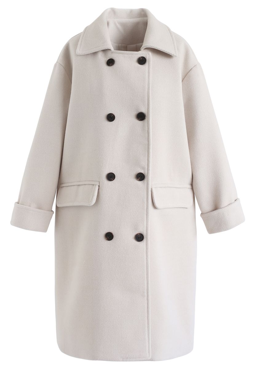 Flap Pockets Double-Breasted Wool-Blend Coat in Ivory - Retro, Indie ...