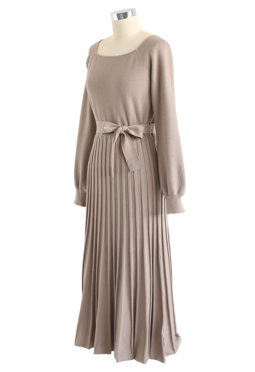 Square Neck Bowknot Pleated Knit Dress in Tan - Retro, Indie and Unique ...