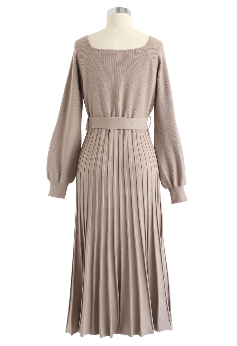 Square Neck Bowknot Pleated Knit Dress in Tan
