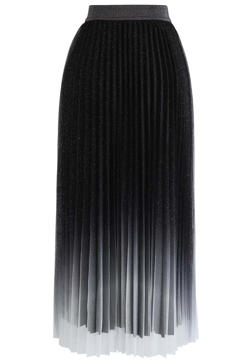 Gradient Shiny Mesh Pleated Skirt in Black - Retro, Indie and Unique ...