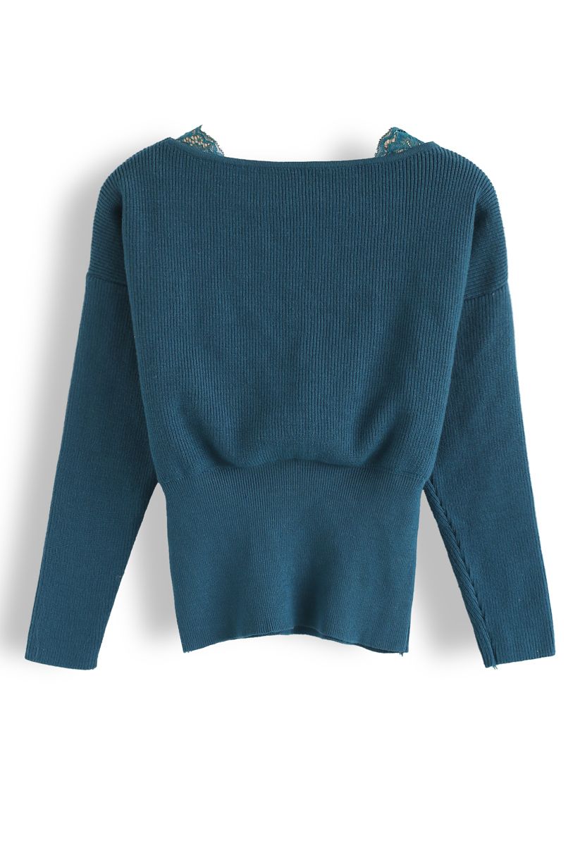 Lacy Ribbed Wrap Knit Top in Teal - Retro, Indie and Unique Fashion