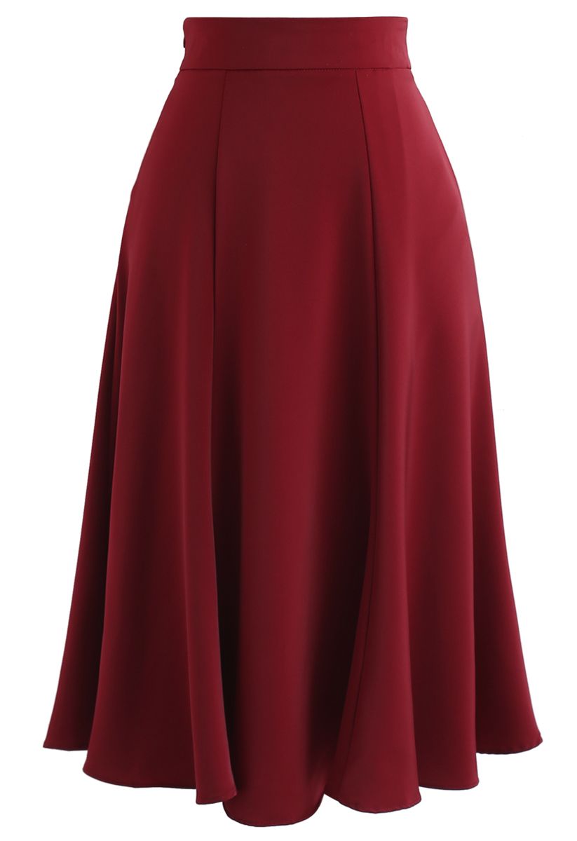 Satin A-Line Midi Skirt in Red - Retro, Indie and Unique Fashion