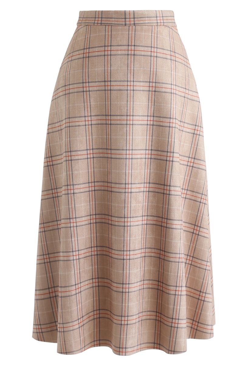 Plaid Faux Suede A-Line Midi Skirt in Tan - Retro, Indie and Unique Fashion