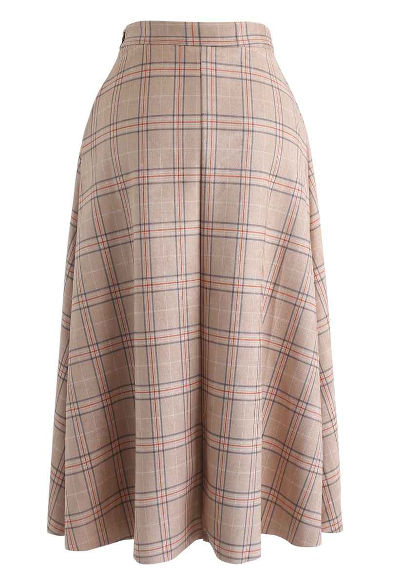 Plaid Faux Suede A-Line Midi Skirt in Tan - Retro, Indie and Unique Fashion