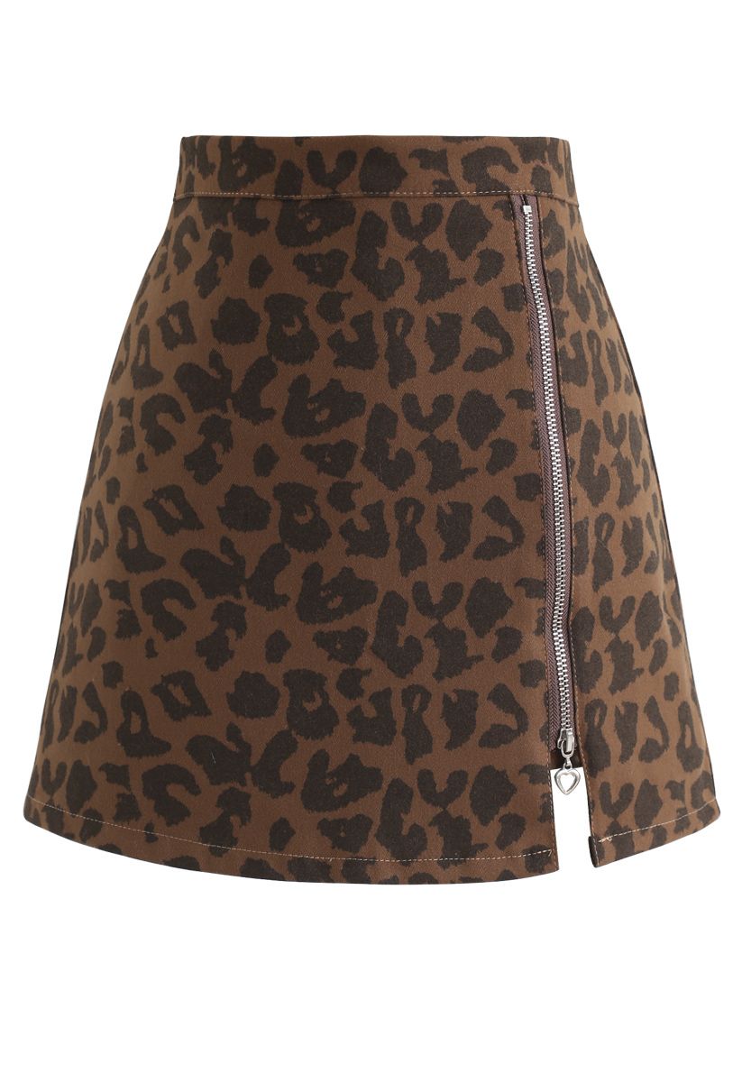 Leopard Print Zipper Mini Skirt in Brown