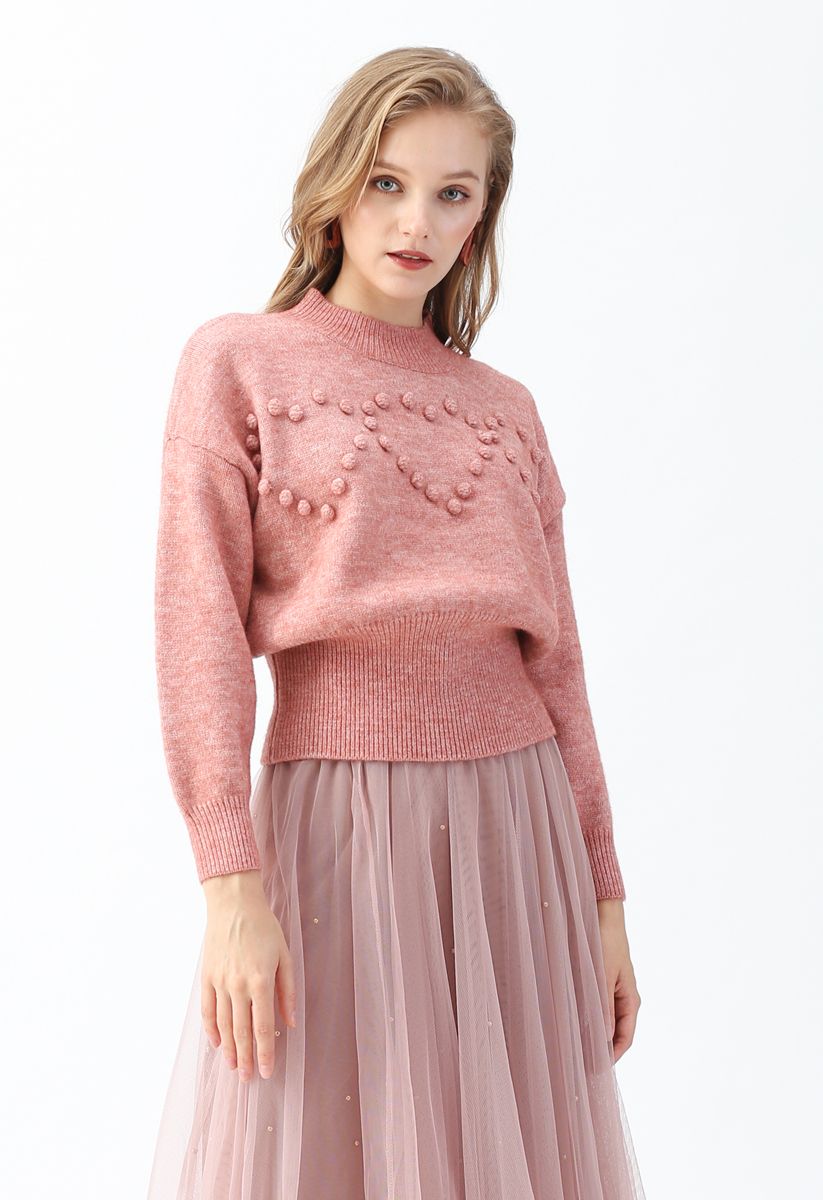 Pom-Pom Heart Knit Sweater in Pink