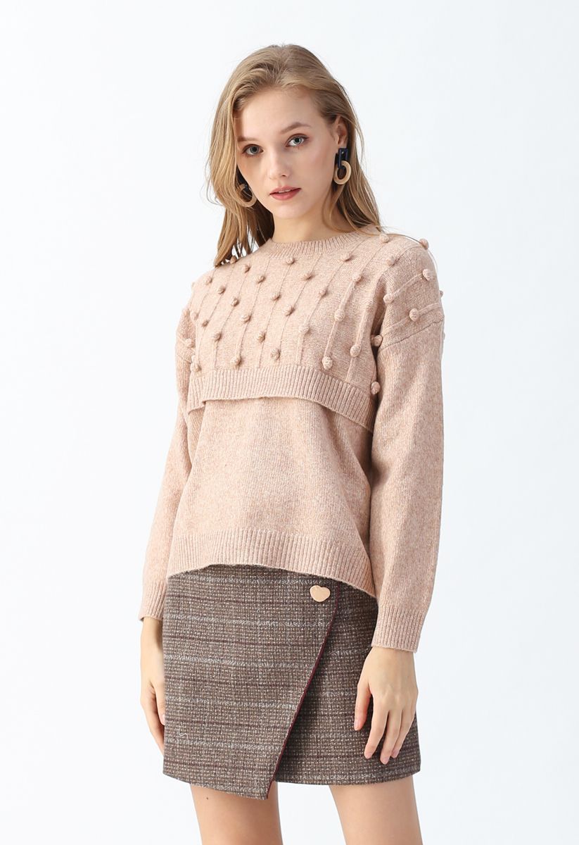 Round Neck Pom-Pom Trimmed Knit Sweater in Tan - Retro, Indie and ...