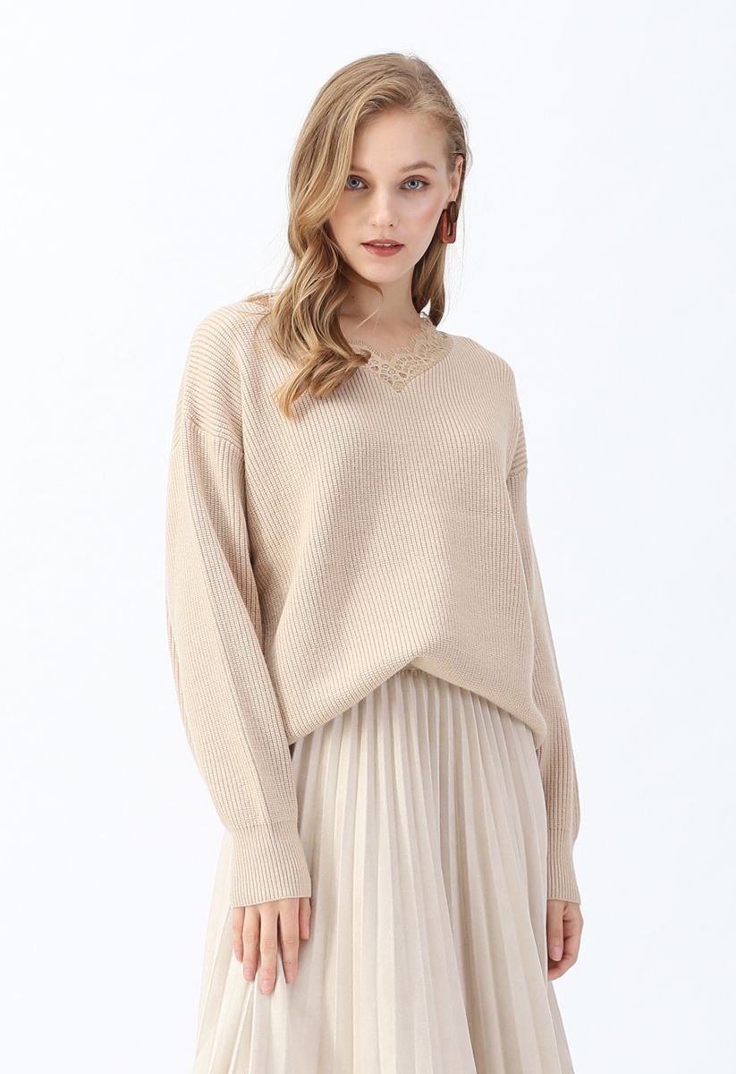 Lacy Neck Ribbed Knit Sweater in Light Tan - Retro, Indie and Unique ...
