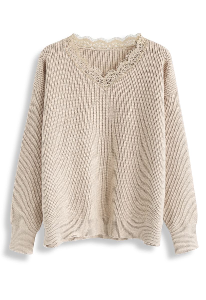Lacy Neck Ribbed Knit Sweater in Light Tan
