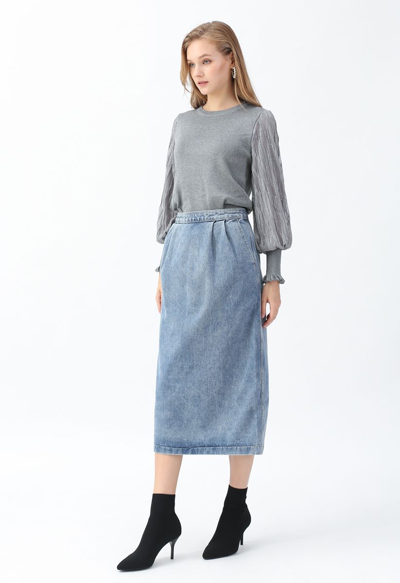 Shiny Lines Puff Sleeves Knit Top in Grey