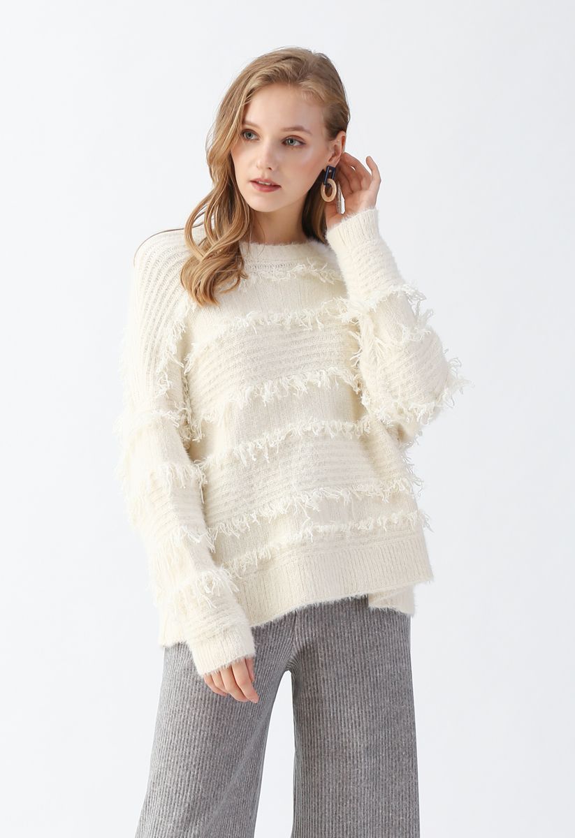 Fringe Trim Fuzzy Knit Sweater in Ivory - Retro, Indie and Unique Fashion