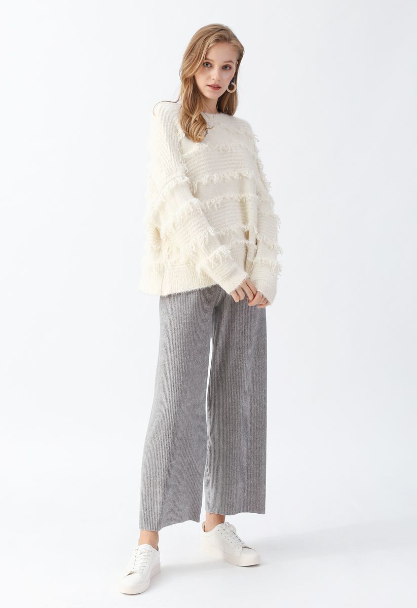 Fringe Trim Fuzzy Knit Sweater in Ivory