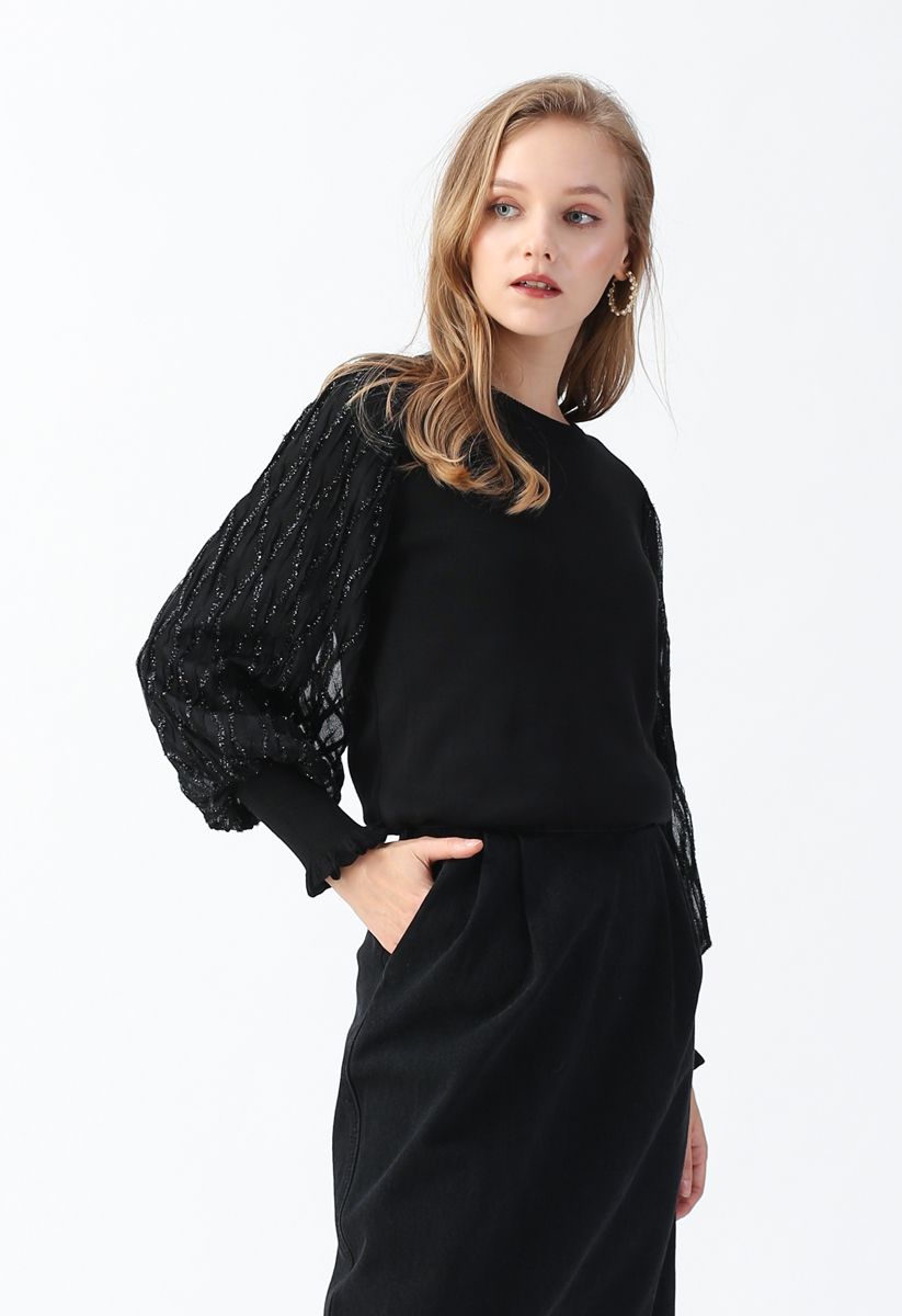 Shiny Lines Puff Sleeves Knit Top in Black - Retro, Indie and Unique ...