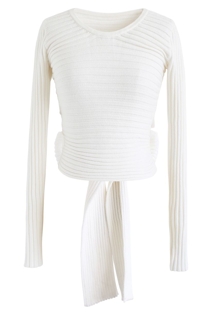 Bowknot Back Crop Ribbed Knit Top in White