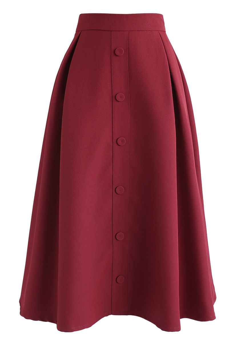 Button Front Trim A-Line Midi Skirt in Red - Retro, Indie and Unique ...