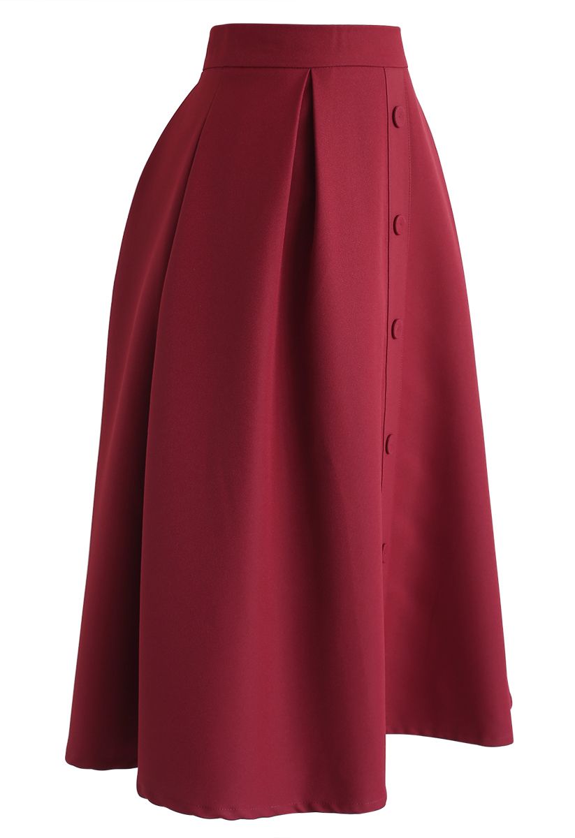 Button Front Trim A-Line Midi Skirt in Red - Retro, Indie and Unique ...