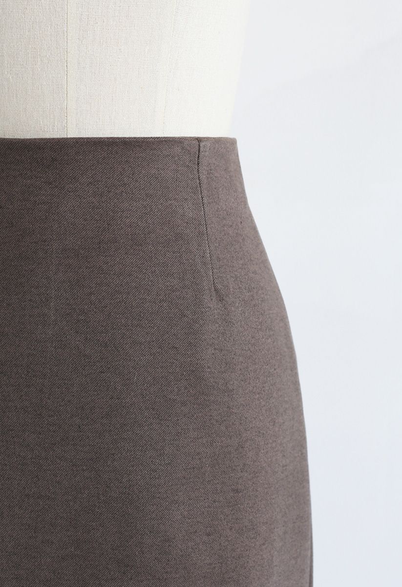 Split Hem Pencil Midi Skirt in Brown