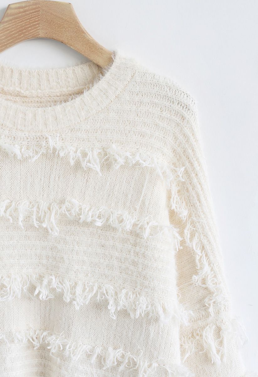 Fringe Trim Fuzzy Knit Sweater in Ivory