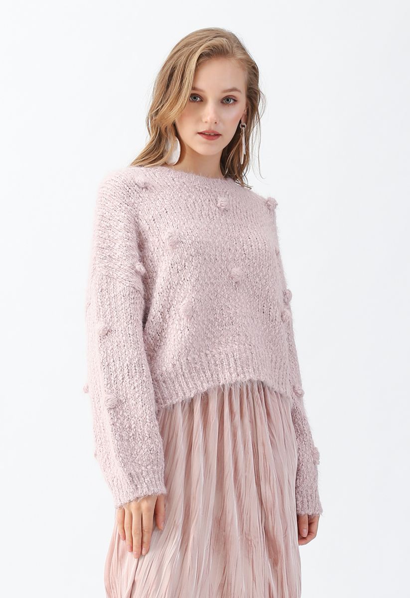 Pom-Pom Decorated Fuzzy Knit Crop Sweater in Pink - Retro, Indie and ...