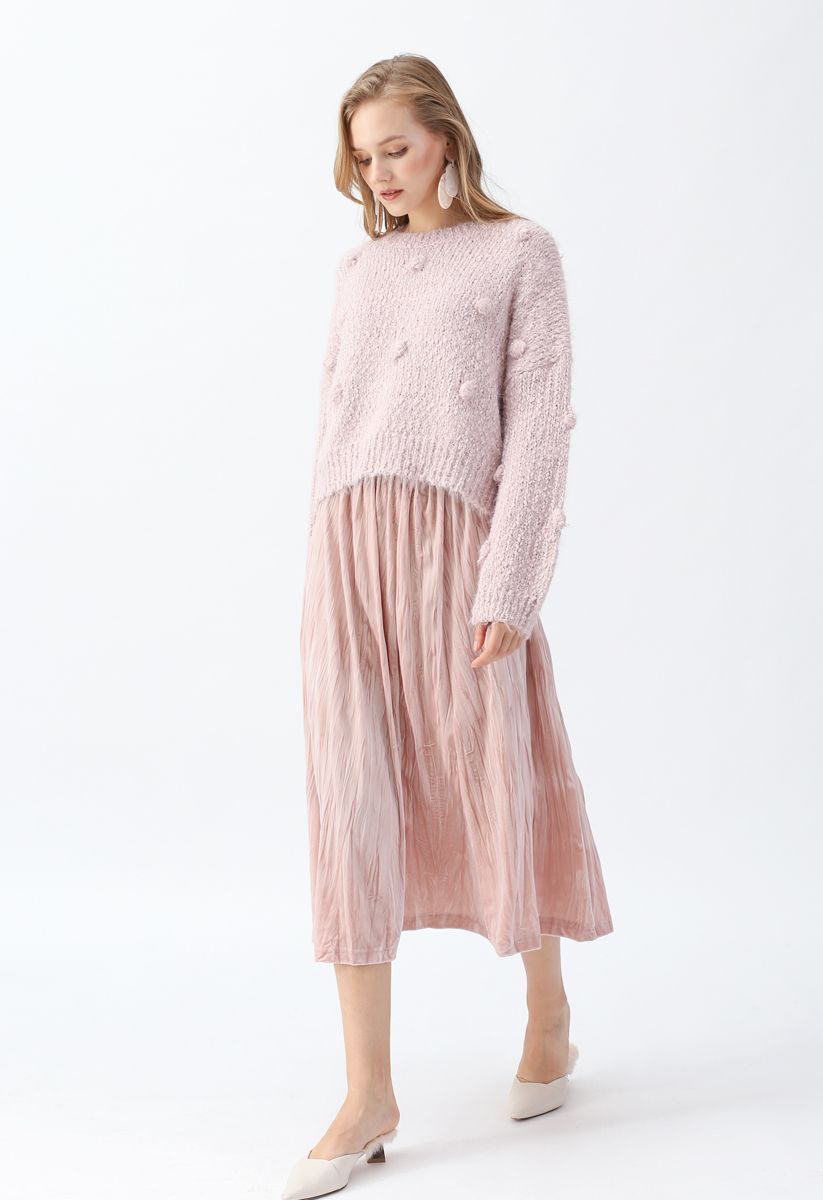 Pom-Pom Decorated Fuzzy Knit Crop Sweater in Pink