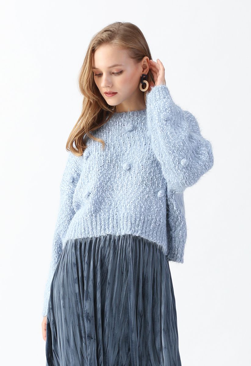 Pom-Pom Decorated Fuzzy Knit Crop Sweater in Blue - Retro, Indie and ...
