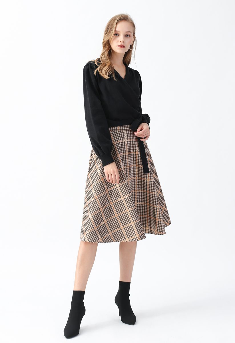 Grid Houndstooth Faux Suede Midi Skirt in Tan