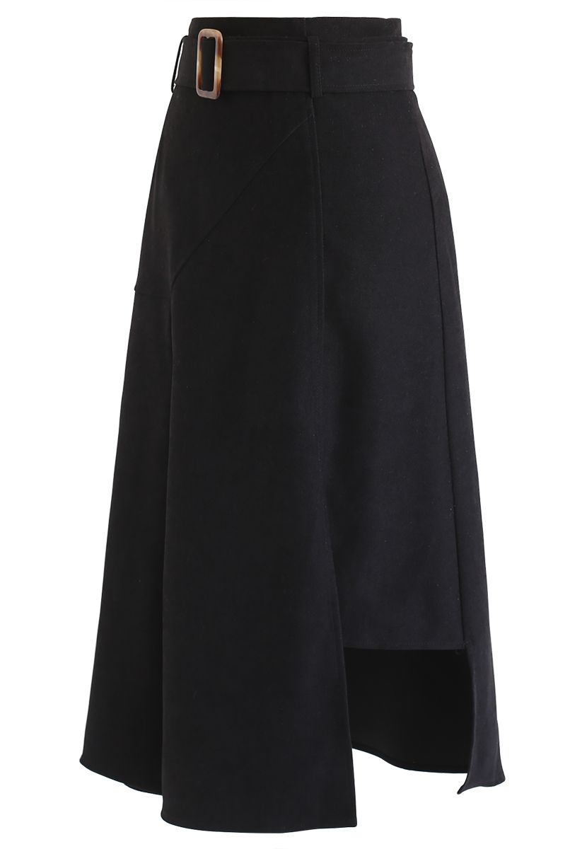 Belted Asymmetric Split Midi Skirt in Black - Retro, Indie and Unique ...