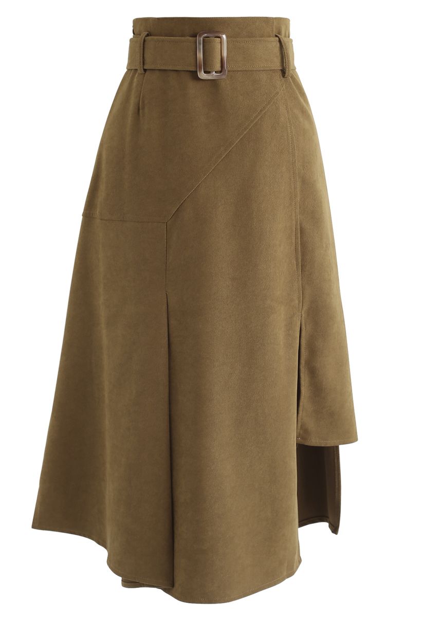 Belted Asymmetric Split Midi Skirt in Camel