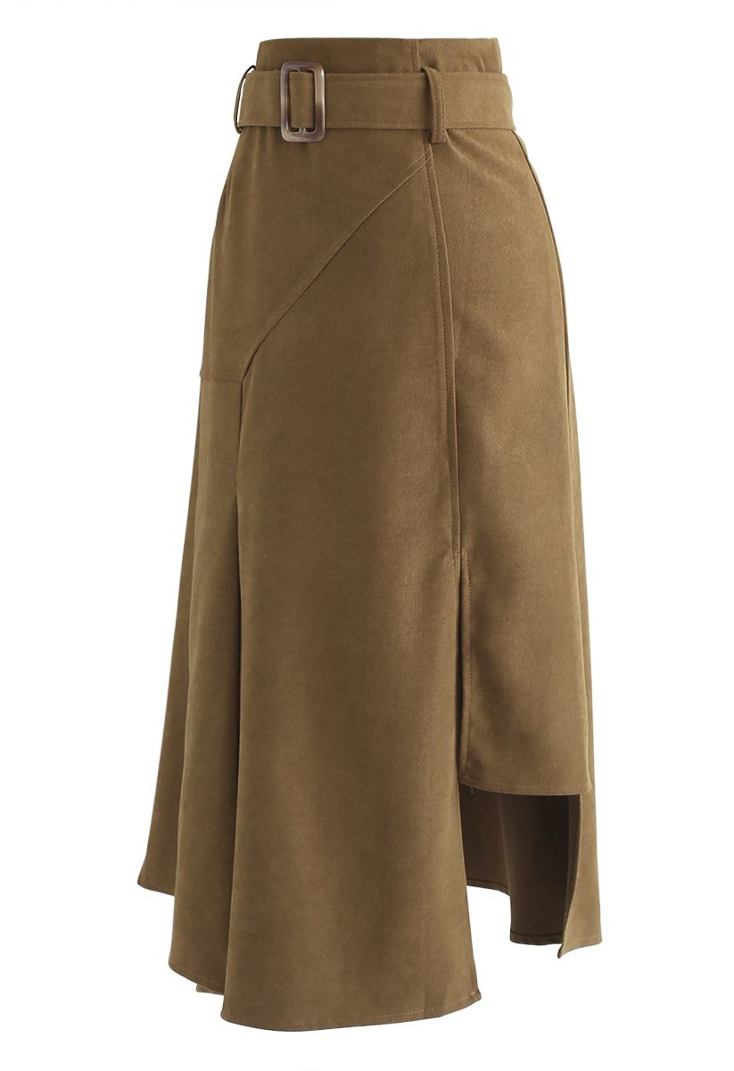 Belted Asymmetric Split Midi Skirt in Camel