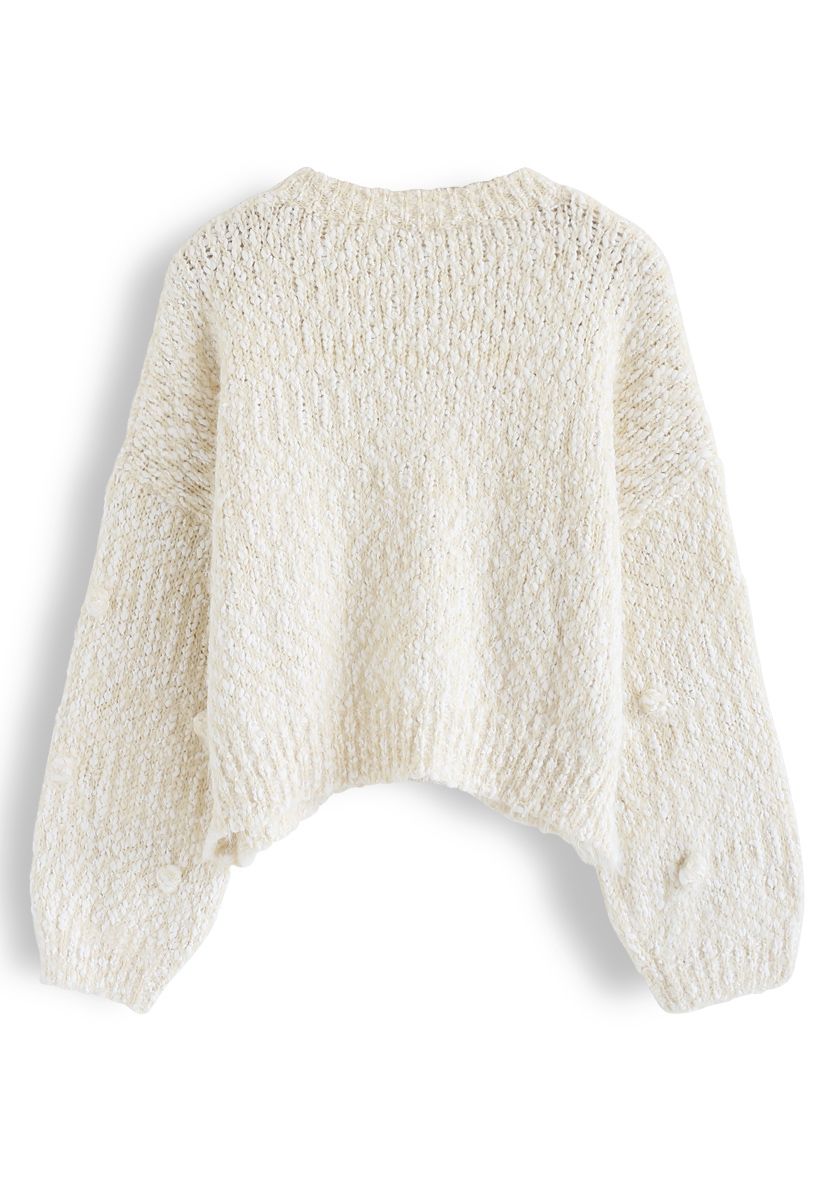 Pom-Pom Decorated Fuzzy Knit Crop Sweater in Cream - Retro, Indie and ...
