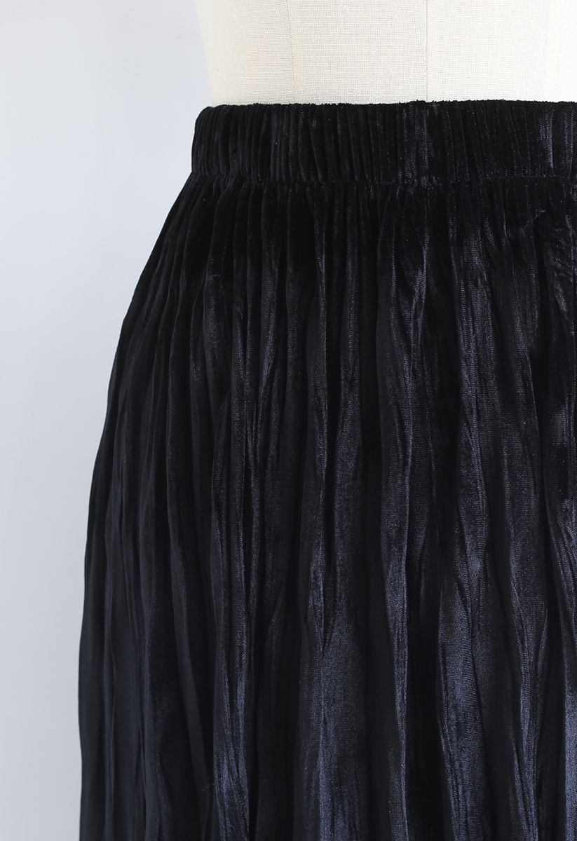 Velvet Pleated Midi Skirt in Black