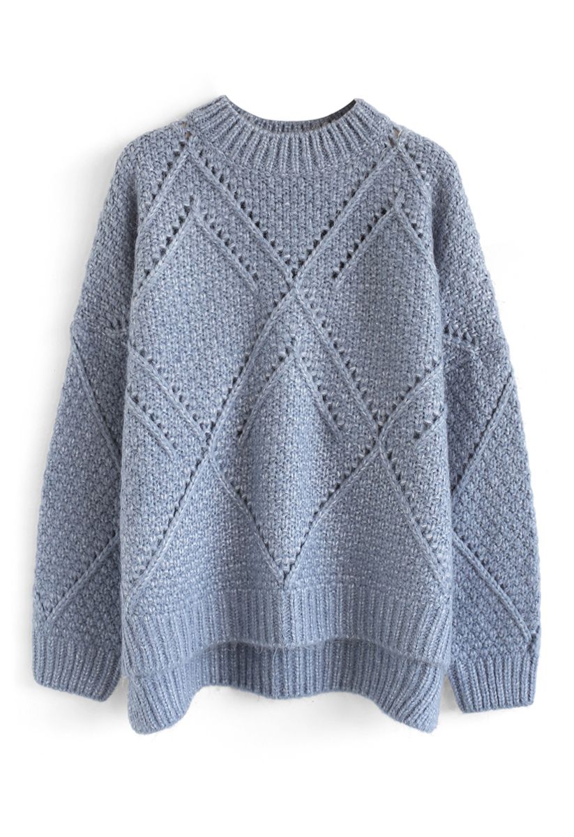 Diamond Hollow Out Oversized Knit Sweater in Blue