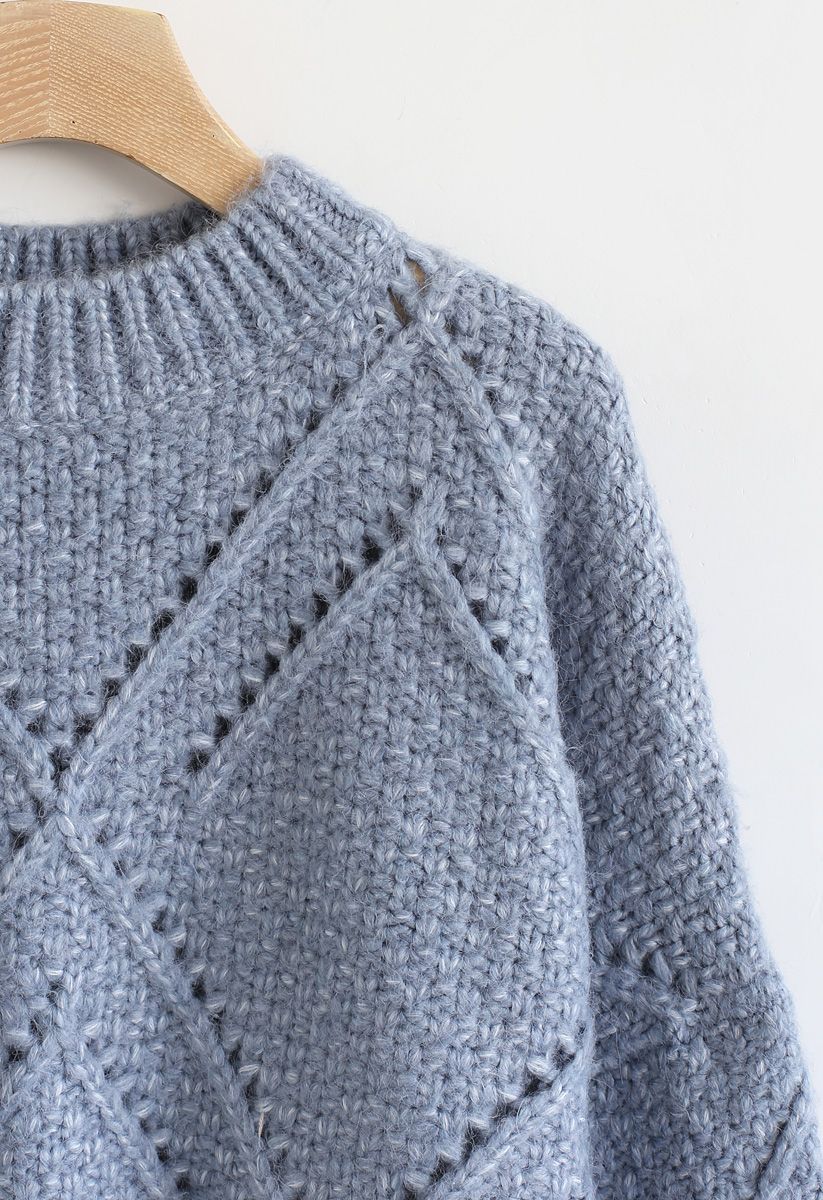 Diamond Hollow Out Oversized Knit Sweater in Blue